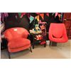 Image 1 : RETRO RED CHAIR, DARK WOOD END TABLE AND ORANGE WOOD FRONT TUB CHAIR