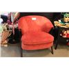 Image 2 : RETRO RED CHAIR, DARK WOOD END TABLE AND ORANGE WOOD FRONT TUB CHAIR