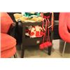 Image 3 : RETRO RED CHAIR, DARK WOOD END TABLE AND ORANGE WOOD FRONT TUB CHAIR