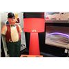 Image 1 : RED FABRIC FLOOR LAMP, 2 MODERN STYLE ARTWORK, NEON ART & STATUE IN A DERBY HAT