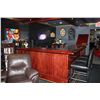 Image 1 : CONTENTS OF DARK ROOM BAR AREA INCLUDING: 6 LEATHER BAR STOOLS, 1 WOOD BAR STOOL, BAR TAP, SIGNS,