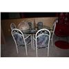 Image 1 : WHITE METAL FRAMED GLASS TOP DINING TABLE WITH 6 CHAIRS AND ASSORTED DECOR ITEMS