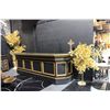 Image 1 : LARGE BLACK AND GOLD COUNTER WITH 2 GOLD TREES, BLACK PATTERNED RUG & METAL CROSS