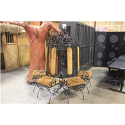 4 BLACK METAL CHAIRS AND GOTHIC CANDELABRA