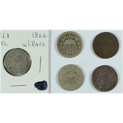 LOT OF ( 5 ) SHIELD NICKELS, 1866, 67, 69, 73, AND 74