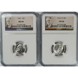 1962 & 1962-D ROOSEVELT DIMES, NGC MS-66