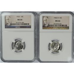 1963 & 1963-D ROOSEVELT DIMES, NGC MS-66