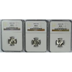( 3 ) 1945-D MERCURY DIMES, NGC MS-65 GEMS!