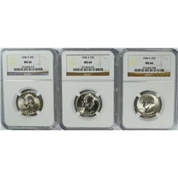 ( 3 ) 1946-S WASHINGTON QUARTERS, NGC MS-66