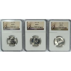 ( 3 ) 1962 WASHINGTON QUARTERS, NGC MS-65