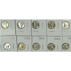 (10) 1945 MERCURY DIMES (GEM BU'S)