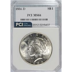 1934-D PEACE SILVER DOLLAR, PCI  MS-64