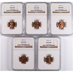 ( 5 ) 1955-S LINCOLN CENTS, NGC MS-66 RED GEMS