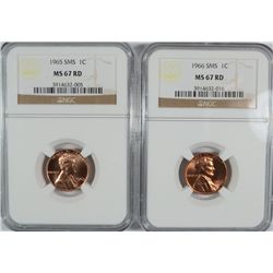 1965 AND 1966 SMS LINCOLN CENTS, BOTH NGC MS-67 RED