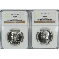 1966 AND 1967 SMS KENNEDY HALF DOLLAR, BOTH NGC MS-67