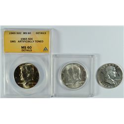 HALF DOLLAR LOT; 1965 SMS KENNEDY ANACS MS-60 DETAILS, 1965 GEM BU & 1960 PROOF