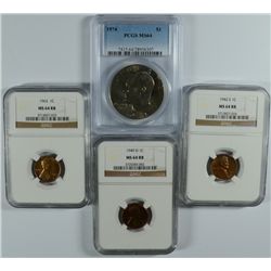 LINCOLN CENTS 1942-S, '49-D, 63 ALL NGC MS-64 RB & 1974 IKE PCGS MS-64 (4 COINS)