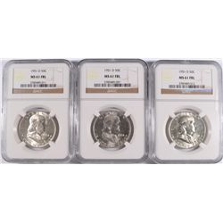 LOT OF ( 3 ) 1951-D FRANKLIN HALF DOLLARS, NGC MS-61 FBL