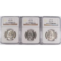 LOT OF ( 3 ) 1955 FRANKLIN HALF DOLLARS, NGC MS-61 FBL