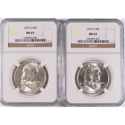 LOT OF ( 2 ) 1953-S FRANKLIN HALF DOLLARS, NGC MS-63
