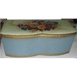 Vintage Blue/Gold Wicker Trunk With Flower Lid.