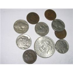 10 TOTAL U.S. COINS INCLUDING SILVER KENNEDY HALF DOLLAR/INDIAN HEAD PENNIES & BUFFALO NICKELS