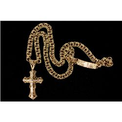 PENDANT AND CHAIN: [1] Gents diamond and 10kyg cross pendant on 10yg (tested) chain. Cross is 3'' lo