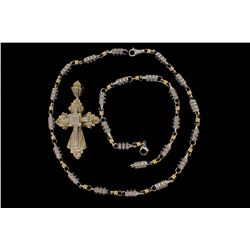 NECKLACE & BRACELET:  [1] 14KY & WG barrel link chain set with round diamonds, approx. 5.40 cttw, fa