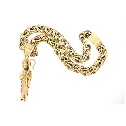 NECKLACE:  [1] 10KYG custom link chain, 26''s;  and [1] 10KYG religious pendant; 498.4 total grams