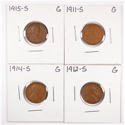 LOT of (4) EARLY "S" MINT LINCOLN CENTS; 1911S, 1912S, 1914S, 1915S