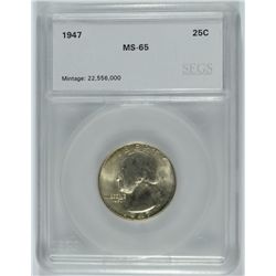 1947 WASHINGTON QUARTER, SEGS MS-65 GEM