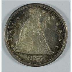 1875-CC TWENTY CENT PIECE, AU-58  GORGEOUS COLOR!