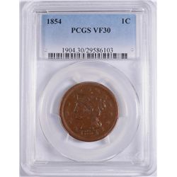 1854 LARGE CENT, PCGS VF-30