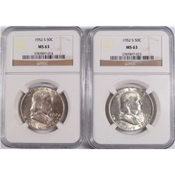 LOT OF (2 ) 1952-S FRANKLIN HALF DOLLARS, NGC MS-63