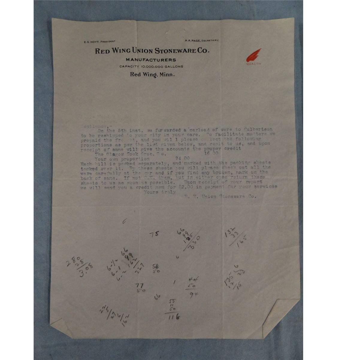 Shipping papers from Red Wing Union Stoneware Co., Red Wing, Minnesota