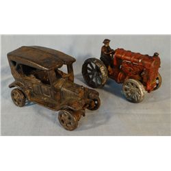 Cast iron tractor & car, tractor marked Ford,