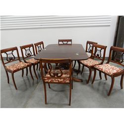 Duncan Phyfe dining table w/8 lyre-chairs, 3 leaves, nice