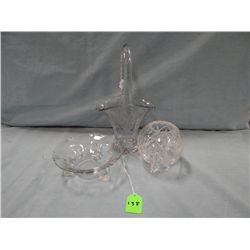 3 pcs fine glassware:  Bride's basket, small crystal rose bowl, footed candy dish