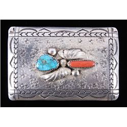 Navajo Silver Turquoise & Coral Belt Buckle This i