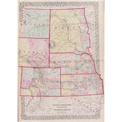 KS, NE, CO, WY, DK, Montana 1874 Hand Colored Map