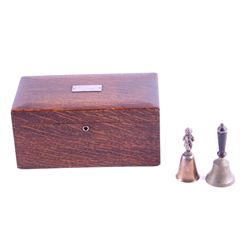 Antique Oak Box and Bells This lot includes an ant