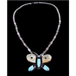 Zuni Silver Inlaid Butterfly Pendant Neckalce. The