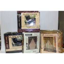 BOX OF NEW FURNITURE SLIP COVERS AND DRAPES