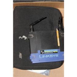 BOX WITH WIRELESS ROUTER, TABLET KEYBOARD, AND DVD
