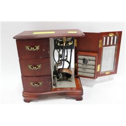 SMALL WOOD JEWELRY BOX W/CONTENTS