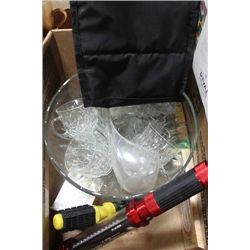 BOX OF PUNCH BOWL WITH MUGS, CRIB BOARD ETC...