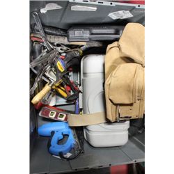 LARGE GREY BIN OF CARPENTRY TOOLS