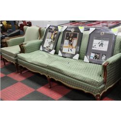GREEN FRENCH PROVINCIAL SOFA W CHAIR