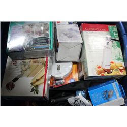 BOX OF NEW HOUSEHOLD ELECTRONICS AND KITCHEN