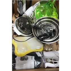 BOX W/ HOUSEHOLD ITEMS, FRIT SLICER KIT, SS BOWLS,